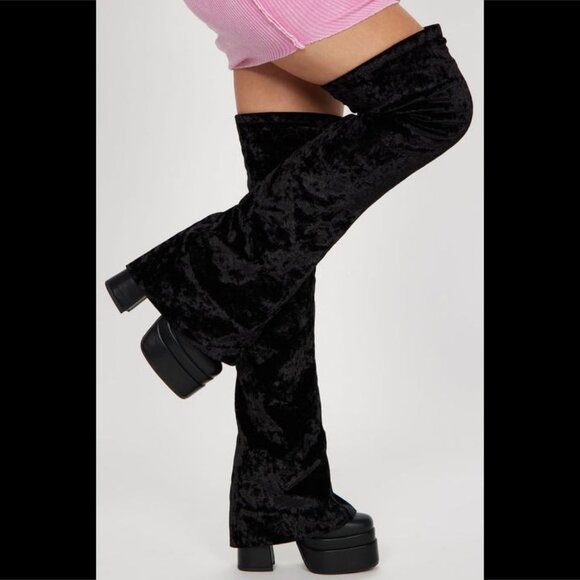 Mata Shoes Shoes - Unique Thigh High Black Velvet Fold over Skirted Chunky Heel Platform Boots